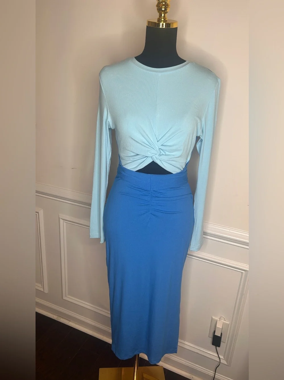 Light Blue Twist Front Long Sleeve Top with Royal Blue Midi Skirt